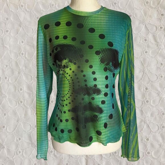 Another Girl Tops - Y2K Style Another Girl Graphic Mesh Long Sleeve Top Blue Green Face Abstract